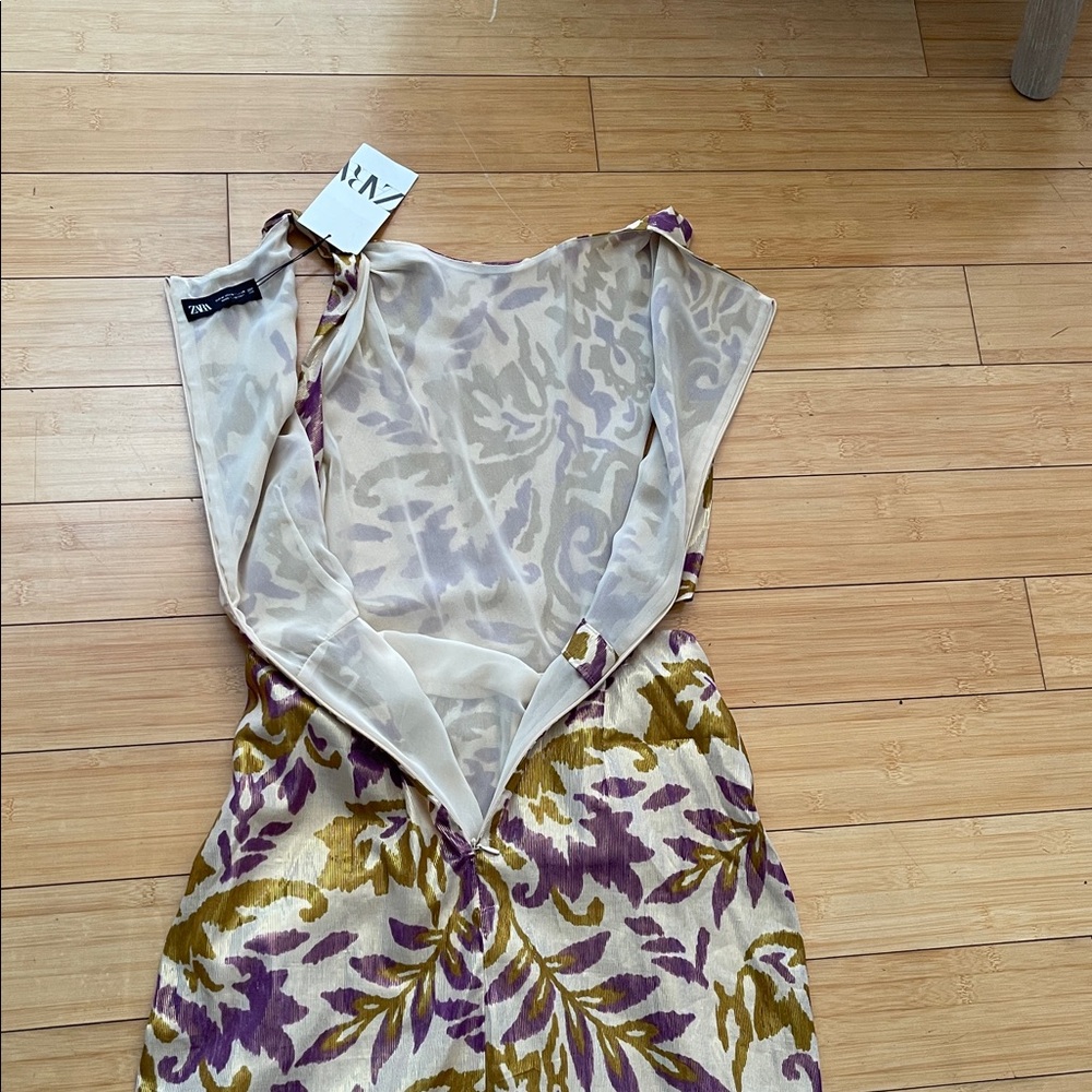 Zara Women Purple and Gold Midi Dress Half Lined Cut Out Waist Med NWT Metallic - Picture 10 of 16